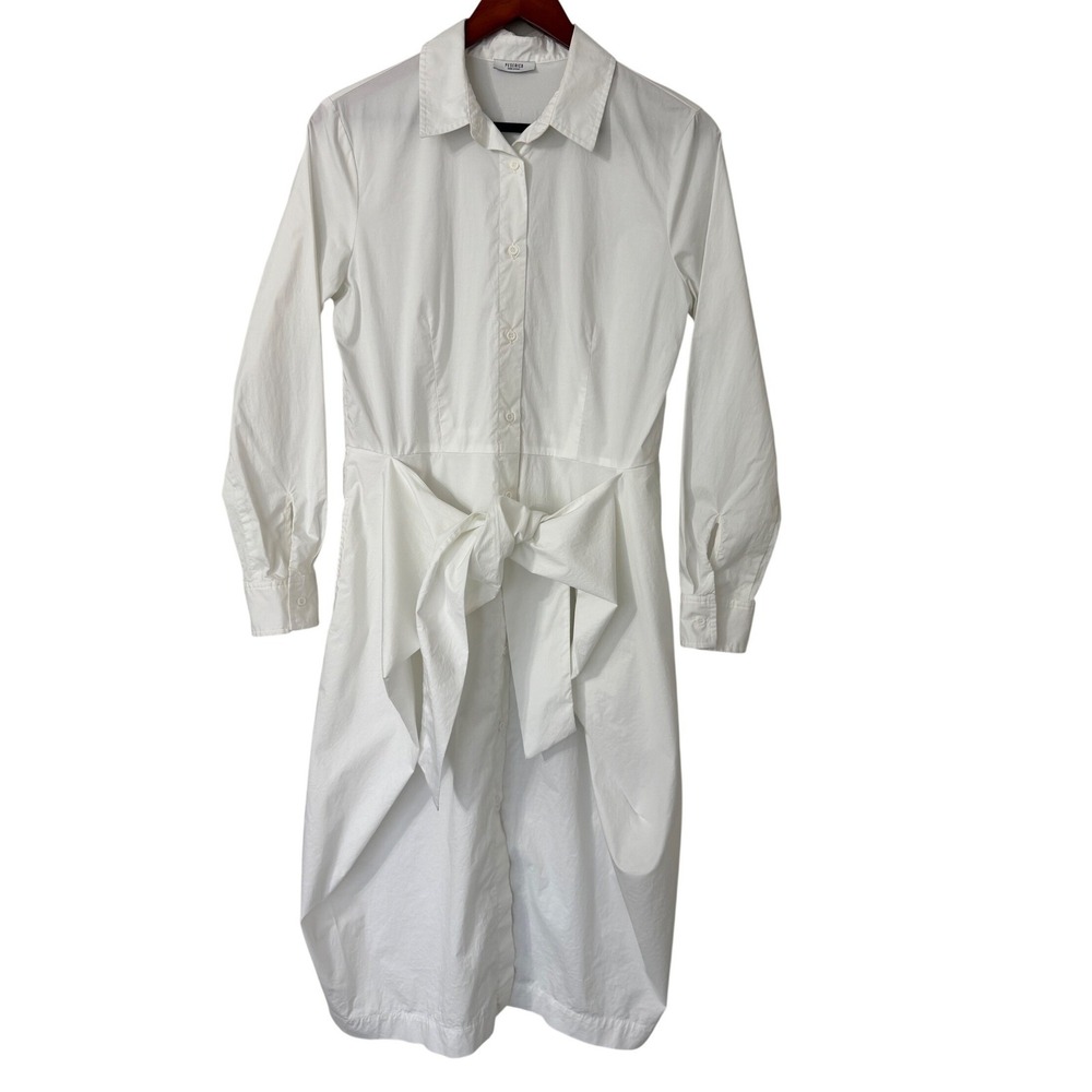 Peserico White Cotton Blend Tie Front Long Sleeve Midi Shirt Dress Size 42 US 6